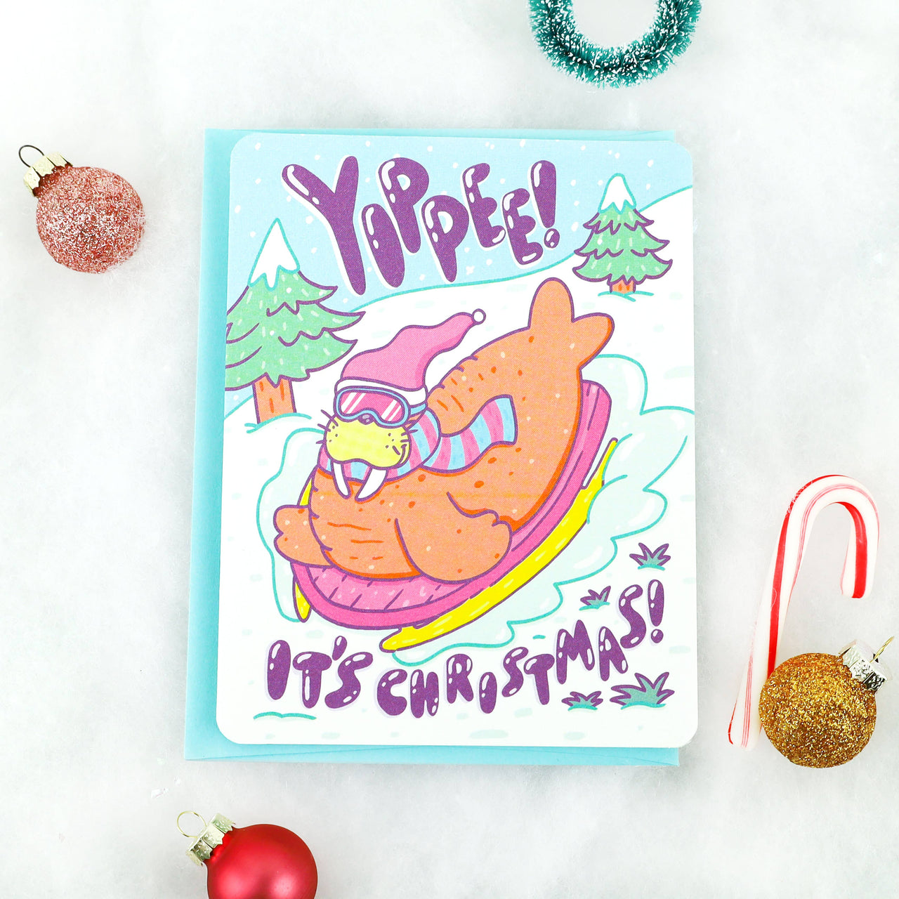 Walrus Sledding Snow Winter Holiday Christmas Card